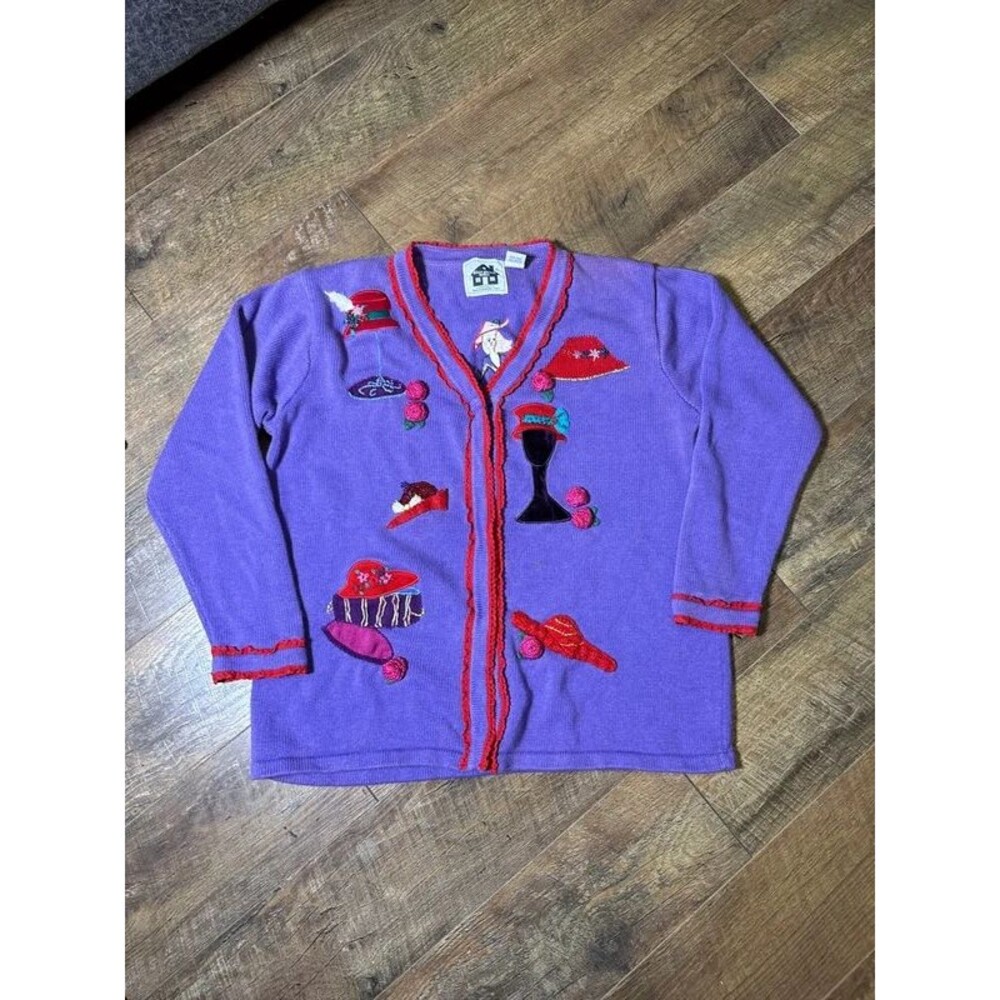 Vtg Storybook Knits Red Hat Society Button Cardigan Embroidered L